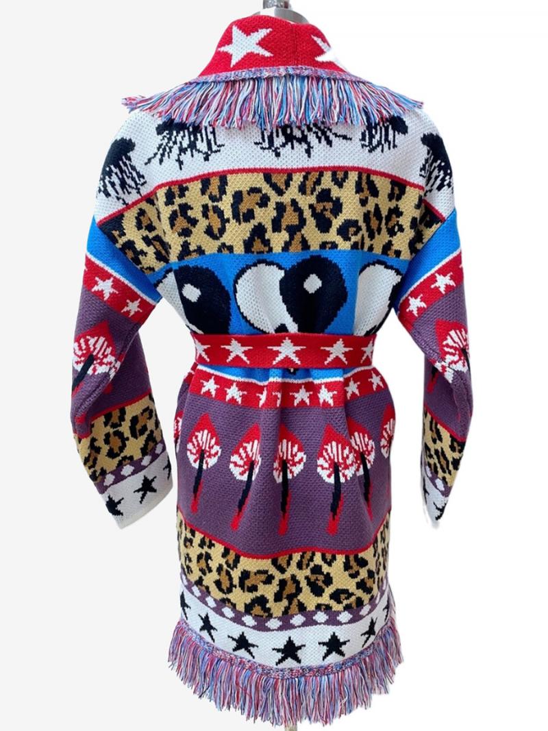 Női Jacquard Kardigán Azték Bojt Szegélyezett Övvel Ellátott Gyapjúkeverék Boho Pulóver - Piros