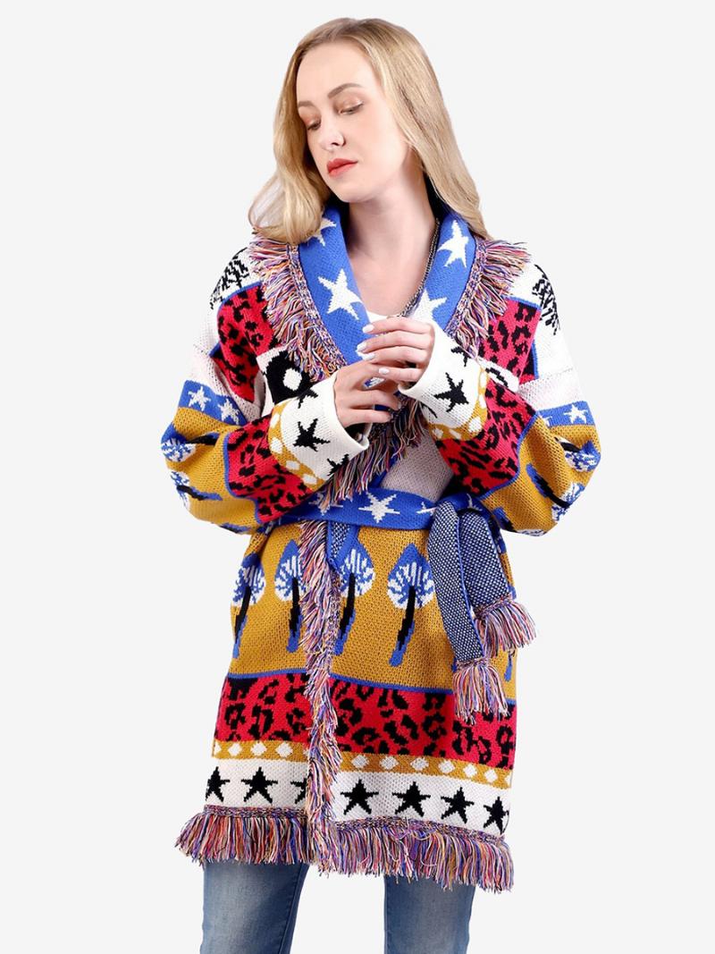 Női Jacquard Kardigán Azték Bojt Szegélyezett Övvel Ellátott Gyapjúkeverék Boho Pulóver - Kék