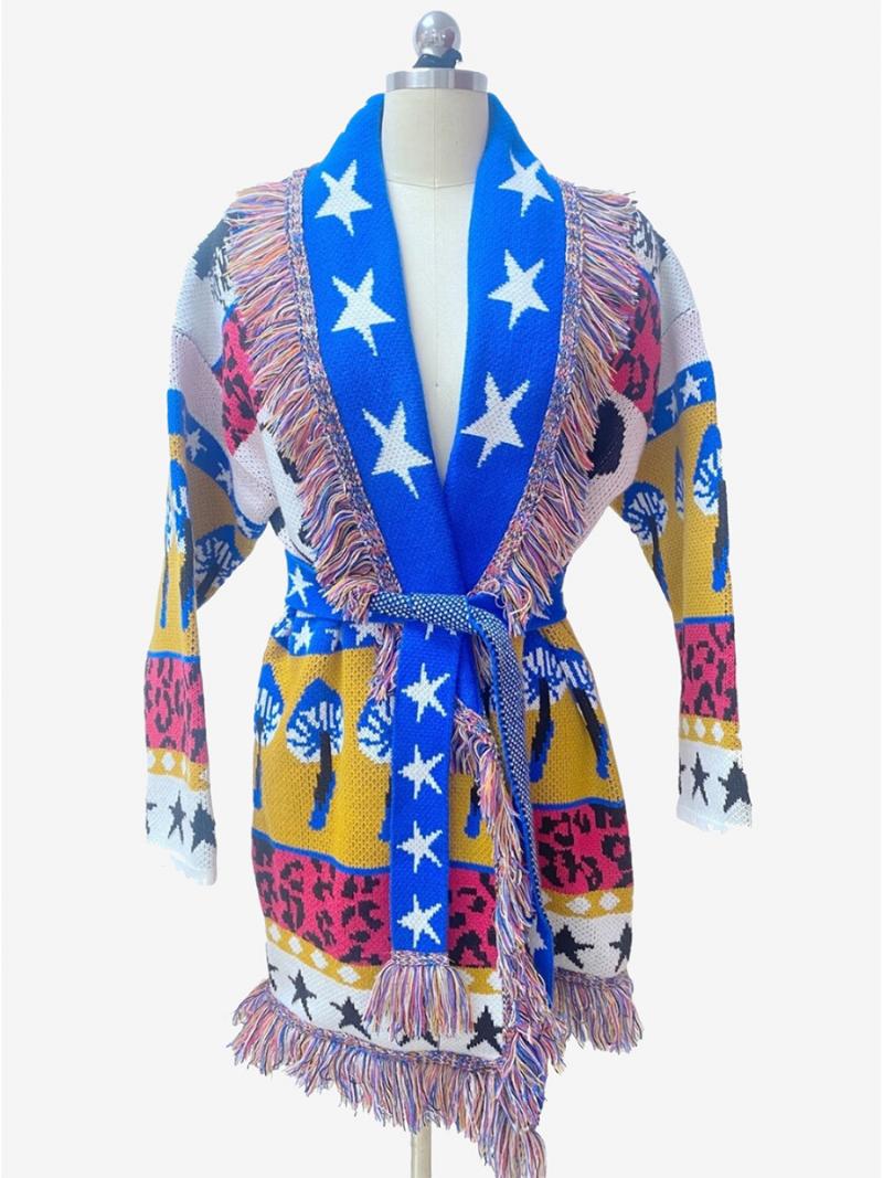 Női Jacquard Kardigán Azték Bojt Szegélyezett Övvel Ellátott Gyapjúkeverék Boho Pulóver - Kék