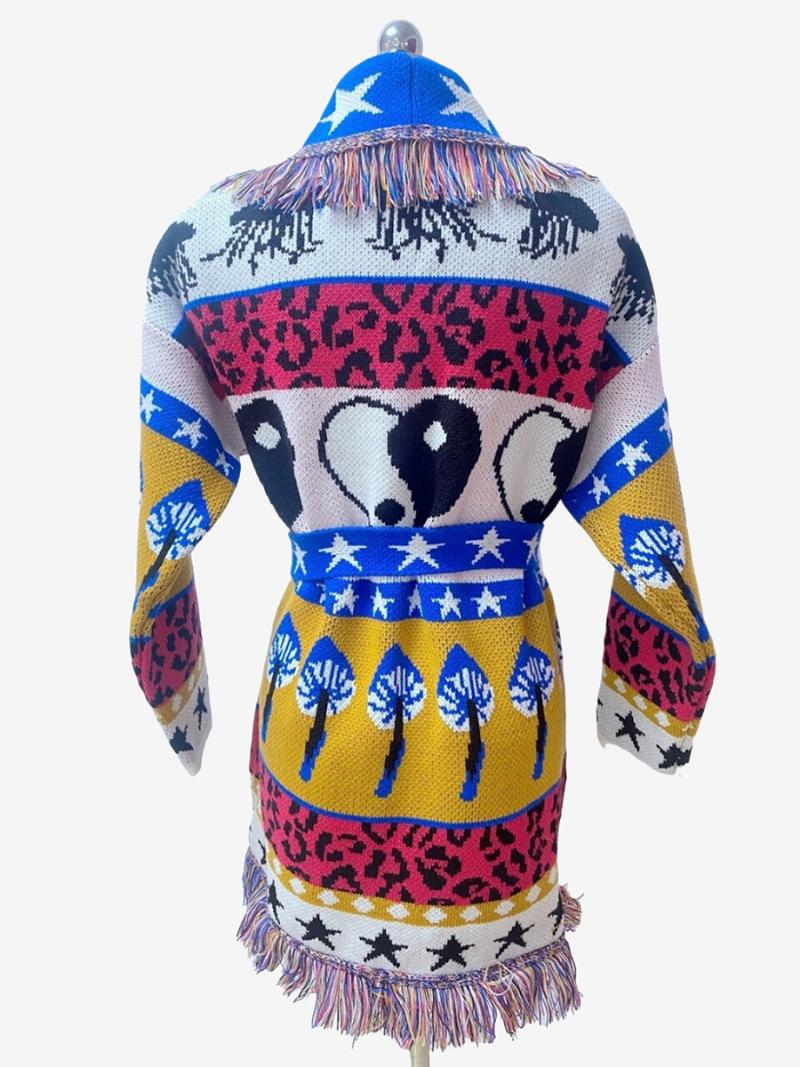 Női Jacquard Kardigán Azték Bojt Szegélyezett Övvel Ellátott Gyapjúkeverék Boho Pulóver - Kék