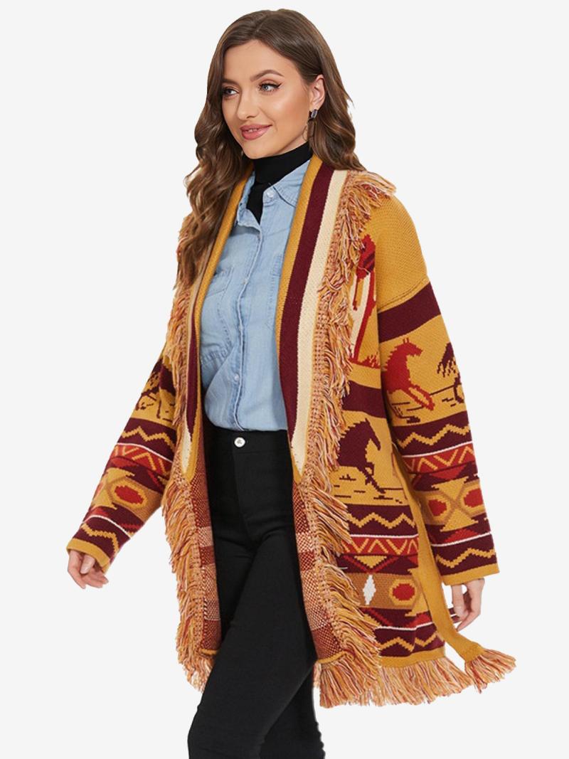 Női Jacquard Kardigánok Bojtári Övvel Ellátott Állatmintás Gyapjúkeverék Boho Pulóver - Narancs
