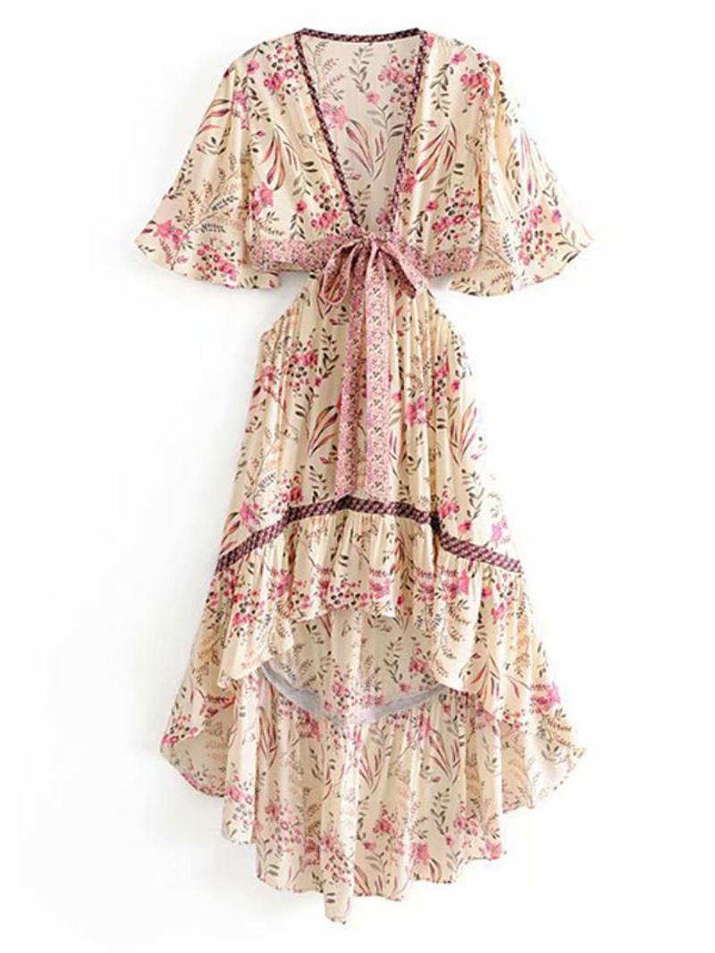 Női Boho Nyári Ruha V Nyakú Rövid Ujjú Nyomott Magasan Kivágott Strandruha - Rózsaszín