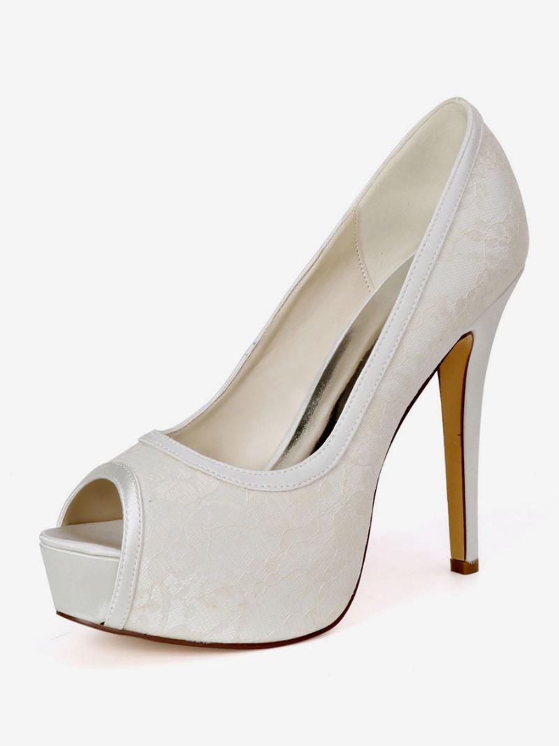 Női Esküvői Szivattyúk Hímzett Peep Toe Platform Menyasszonyi Cipők - Elefántcsont