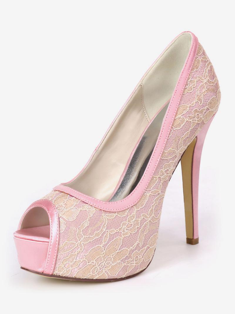 Női Esküvői Szivattyúk Hímzett Peep Toe Platform Menyasszonyi Cipők - Rózsaszín