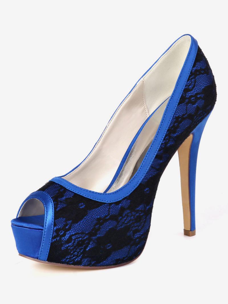 Női Esküvői Szivattyúk Hímzett Peep Toe Platform Menyasszonyi Cipők - Királykék