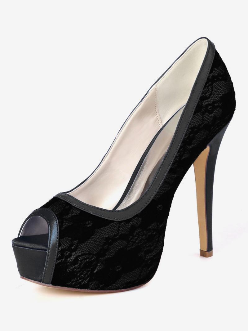 Női Esküvői Szivattyúk Hímzett Peep Toe Platform Menyasszonyi Cipők - Fekete
