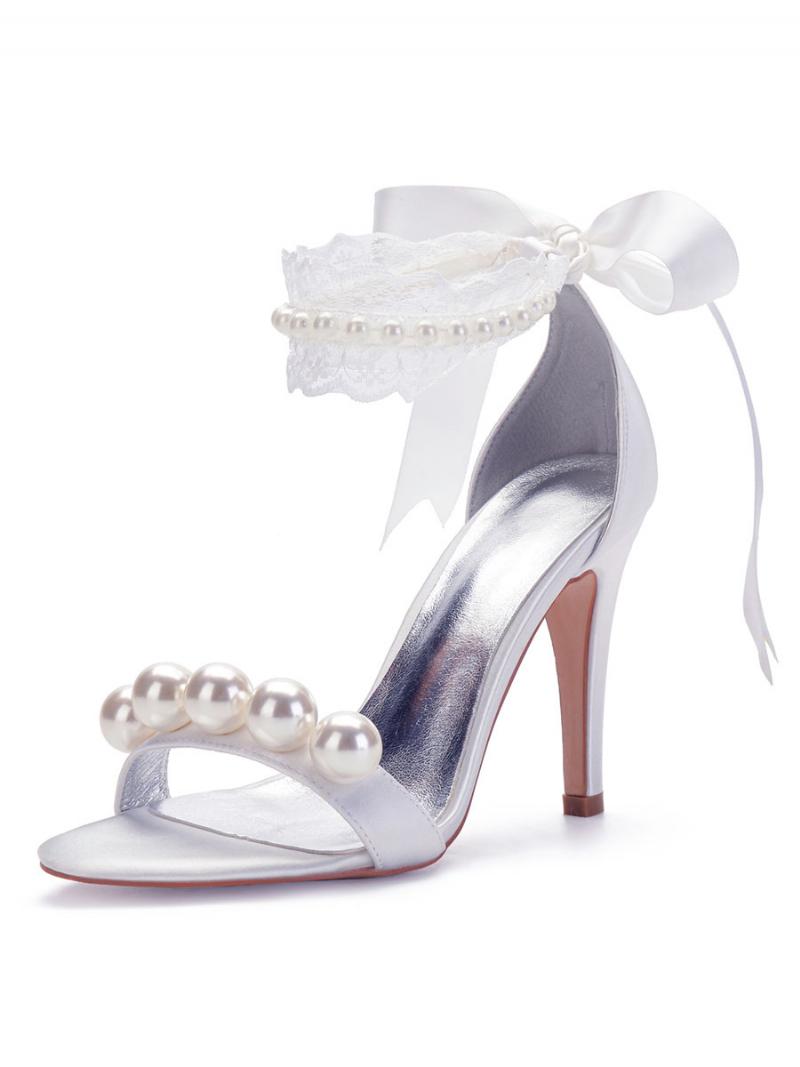 Női Lace Up Pearls Sarkú Menyasszonyi Szandál - Fehér