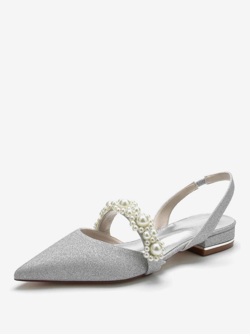 Női Menyasszonyi Cipő Pearls Slingback Flats - Ezüst