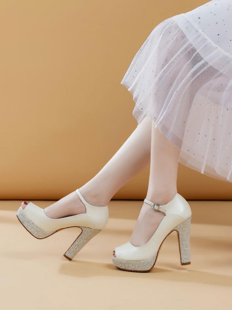 Női Menyasszonyi Cipő Pu Bőr Ekrü Fehér Peep Toe Pearls - Bézs