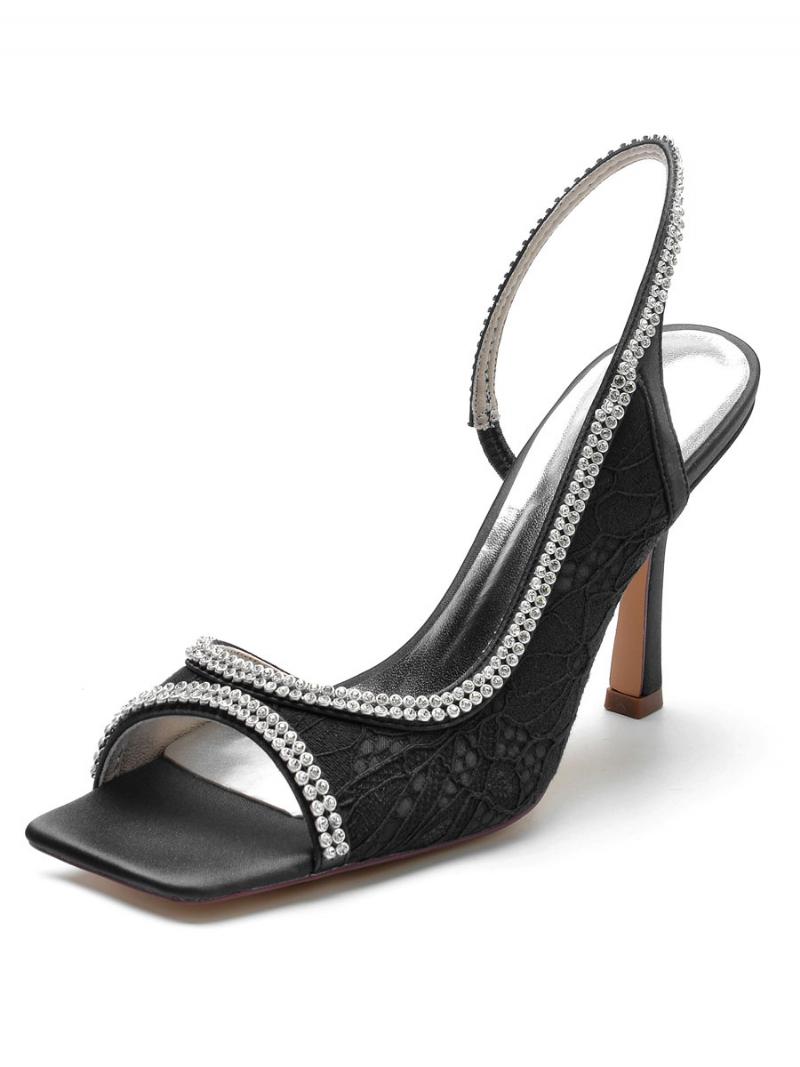 Női Strassz Csipkés Slingback Tűsarkú Menyasszonyi Szandál - Fekete
