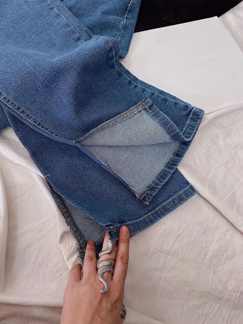 Elegáns Cowboy Jeans Gombok Magas Derekú Egyenes Szárú Női Nadrágok - Kék