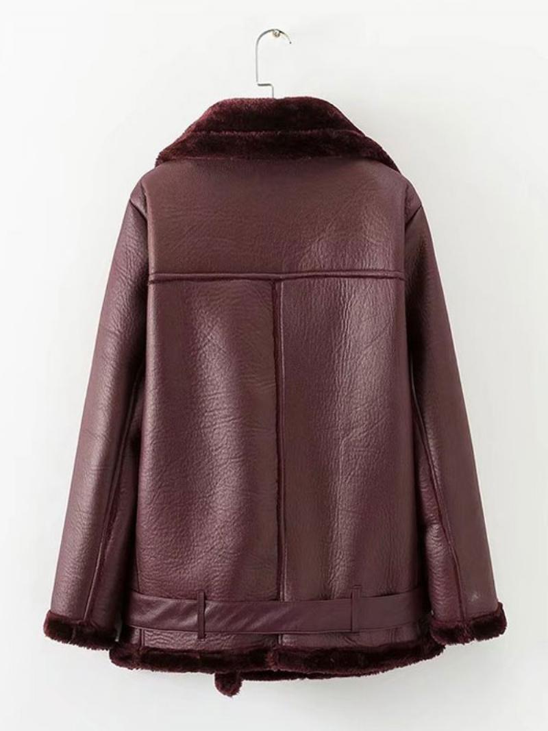 Női Bőrkabát Faux Shearling Pu Moto Dzseki Téli Felsőruházat - Burgundi