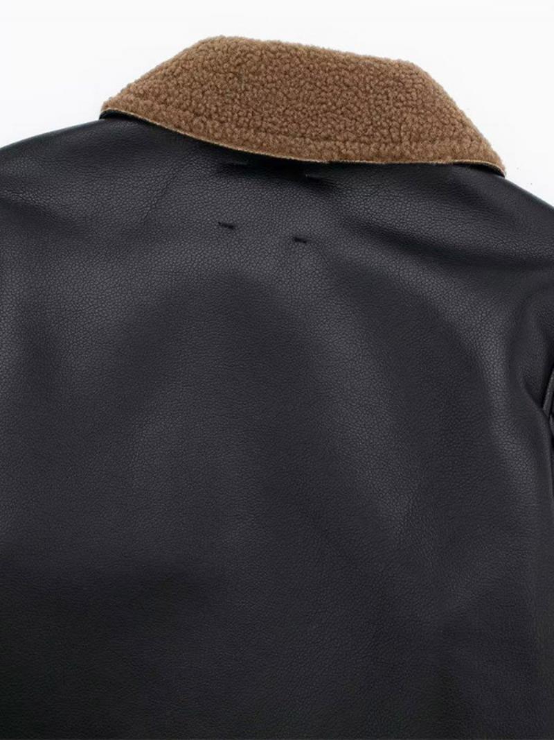 Rider Jacket Peaked Lapels Crossover Zipper Műbőr Női Dzsekik - Fekete