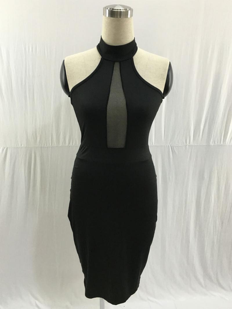 Női Bodycon Ruha Fekete Kötőfék Redős Csomózott Alkalmi Ujjatlan Midi Ceruzával Tekercses Ruhák - Fekete