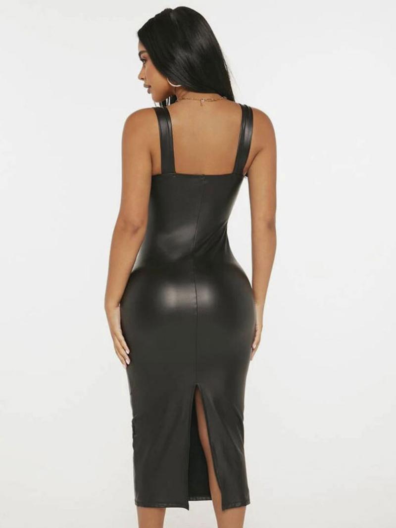 Női Bodycon Ruhák Fekete Ujjatlan Osztott Elöl Szexi Négyzet Alakú Nyakú Alacsonyan Hasított Midi Hüvelyes Ruha - Fekete