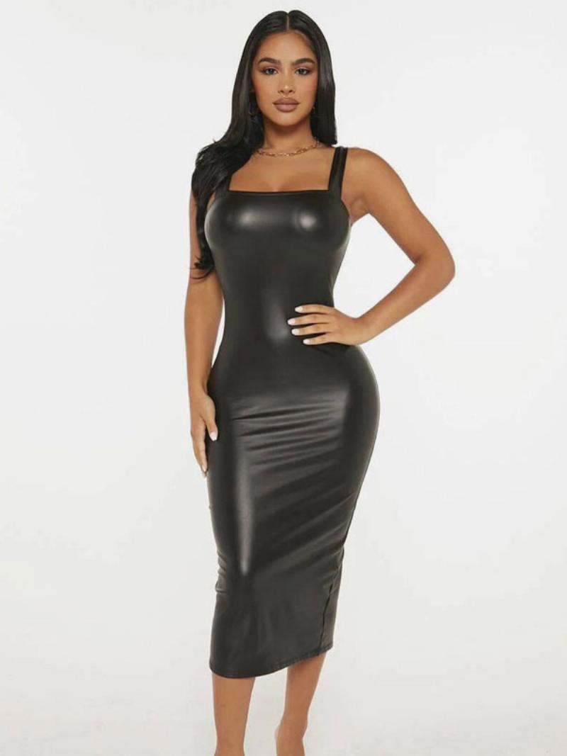 Női Bodycon Ruhák Fekete Ujjatlan Osztott Elöl Szexi Négyzet Alakú Nyakú Alacsonyan Hasított Midi Hüvelyes Ruha - Fekete