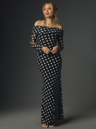 Pöttyös Hosszú Ruha Vállig Érő Ujjú Elegáns Nyári Maxi Nőknek
