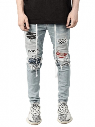 Férfi Farmer Divat Farmernadrág Elegáns Distressed Antik Design Vékony Világos Égkék Fekete