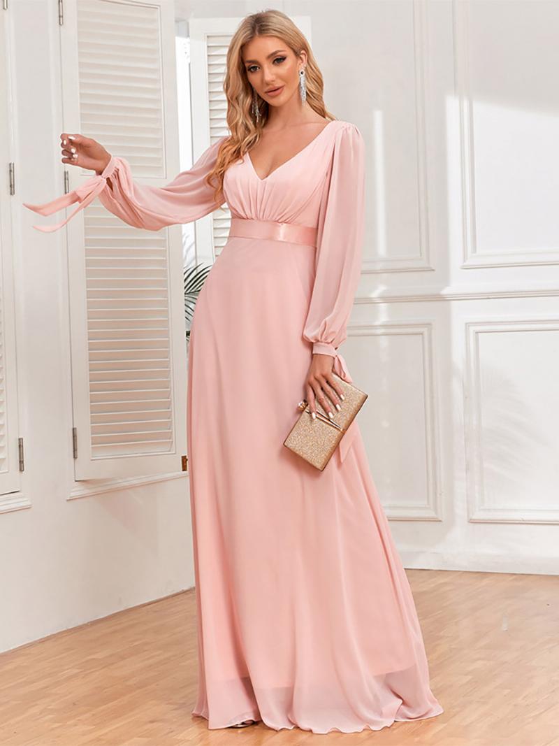Elegáns Női Ruha Lámpás Ujjú V-nyakú Hát Nélküli Redős Báli Maxi Ruhák - Rózsaszín