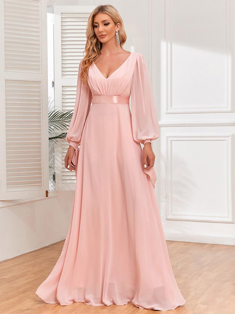 Elegáns Női Ruha Lámpás Ujjú V-nyakú Hát Nélküli Redős Báli Maxi Ruhák - Rózsaszín